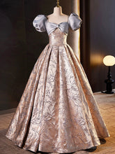 Stylish Floor-Length Printing Prom Dresses, A-Line Short Sleeve Backless Evening Formal Dresses